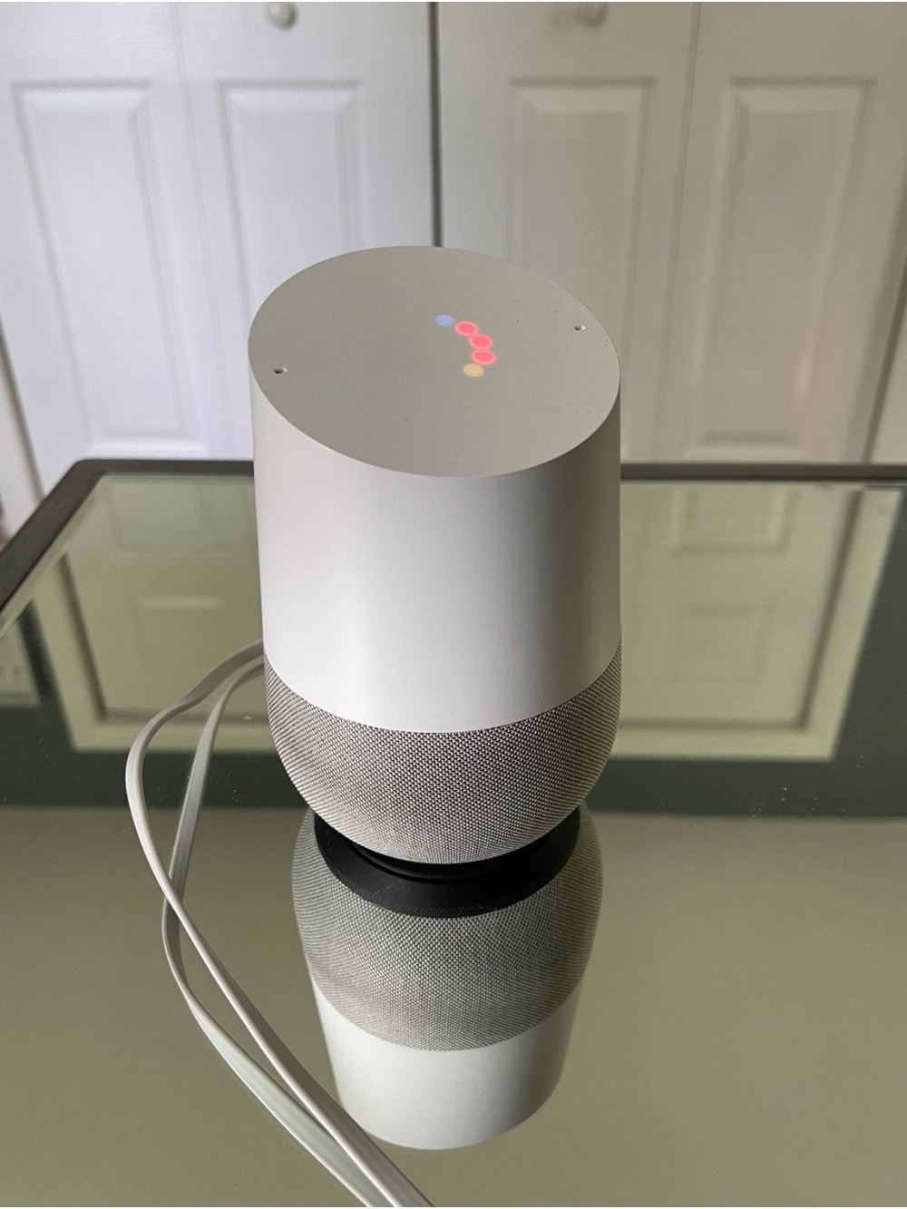 google Home Smart Speaker in White and Light Gray